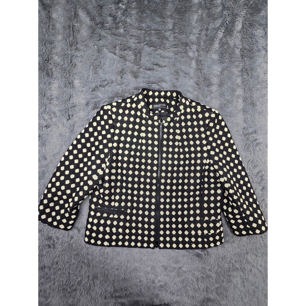 Jones New York Collection Womens 16 Wool Polka Dot Zip Up Jacket Black Cream